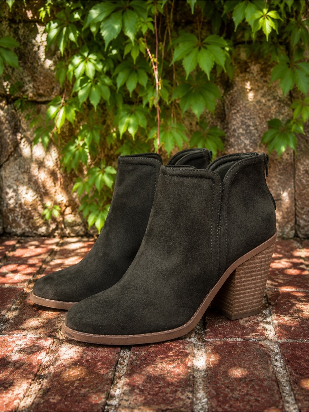JOIE Olive Green Microsuede (Textile) Ankle Boots with Stacked Heels, 9M